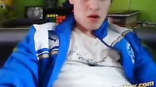 Twink Jerks Off In Blue Leather Jacket