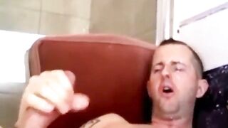 Horny dude having a huge orgasm and shooting a huge load