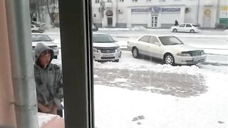 Russian perv jerks his cock in public