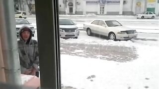 Russian perv jerks his cock in public