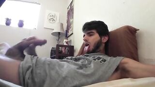Cute bearded dude stroking his cock in front of the webcam