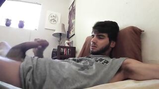 Cute bearded dude stroking his cock in front of the webcam