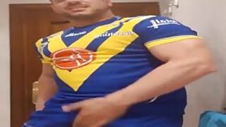 Giant rugby player jerking off