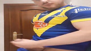 Giant rugby player jerking off