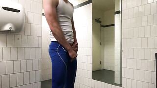 Cumming in spandex in public restroom