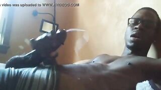 Cute black nerd shooting a huge load