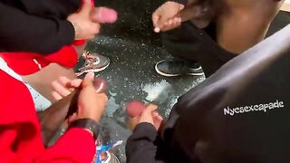 Group of guys with huge cocks competing to see who shoots the biggest load