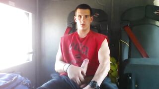 Gorgeous college jock jerking his huge cock and shooting a load on the train