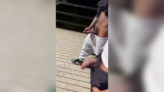 Three best friends masturbate in public