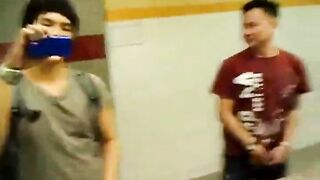 Group of guys rubbing their cock in a public bathroom