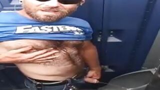 Hairy roughneck porta-potty piss