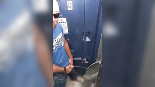 Hairy roughneck porta-potty piss