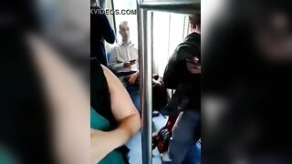 Horny boy plays his dick through pants on the train